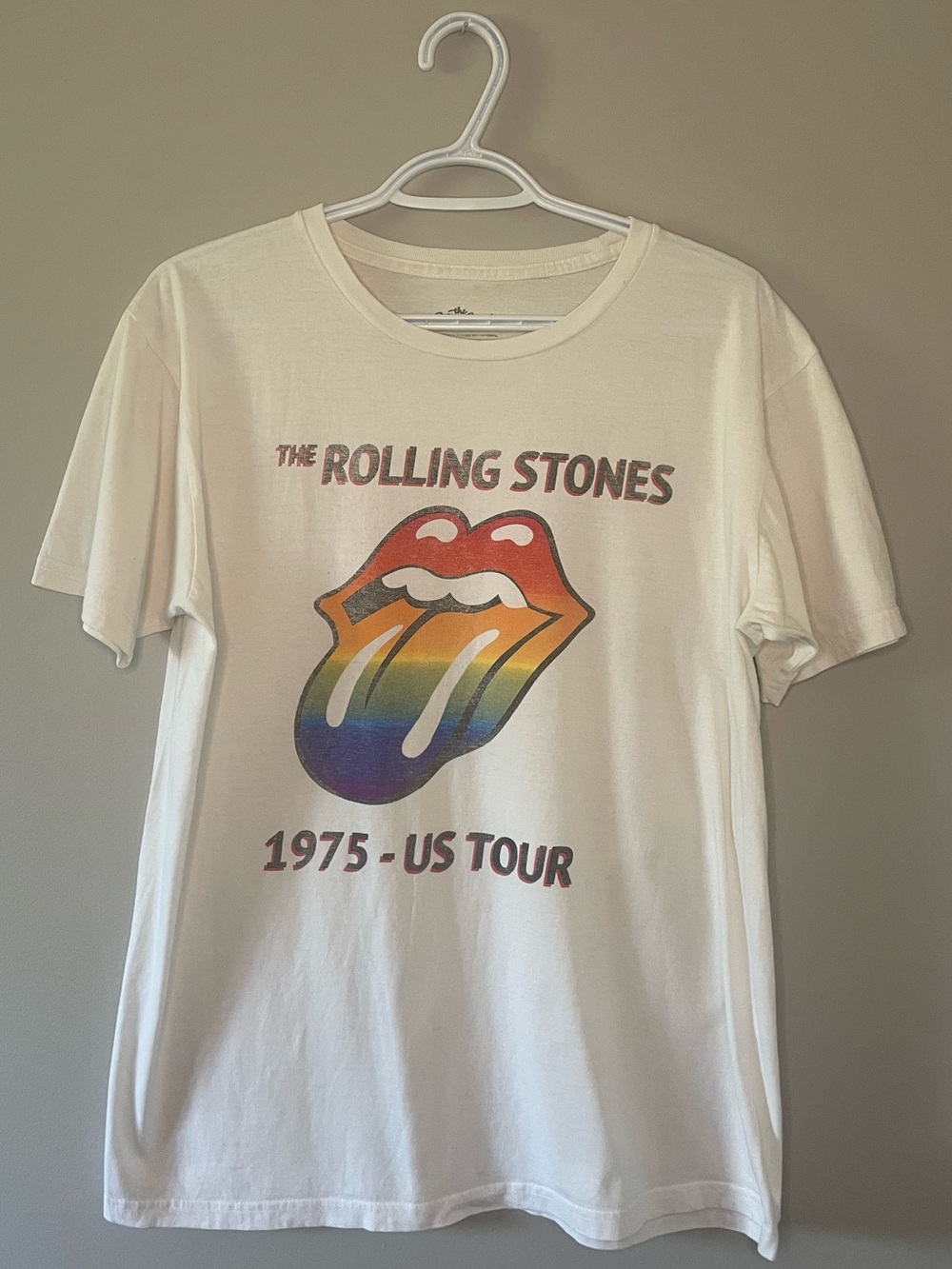 the Rolling Stones White Short Sleeve Tee with Rainbow Tongue Graphic